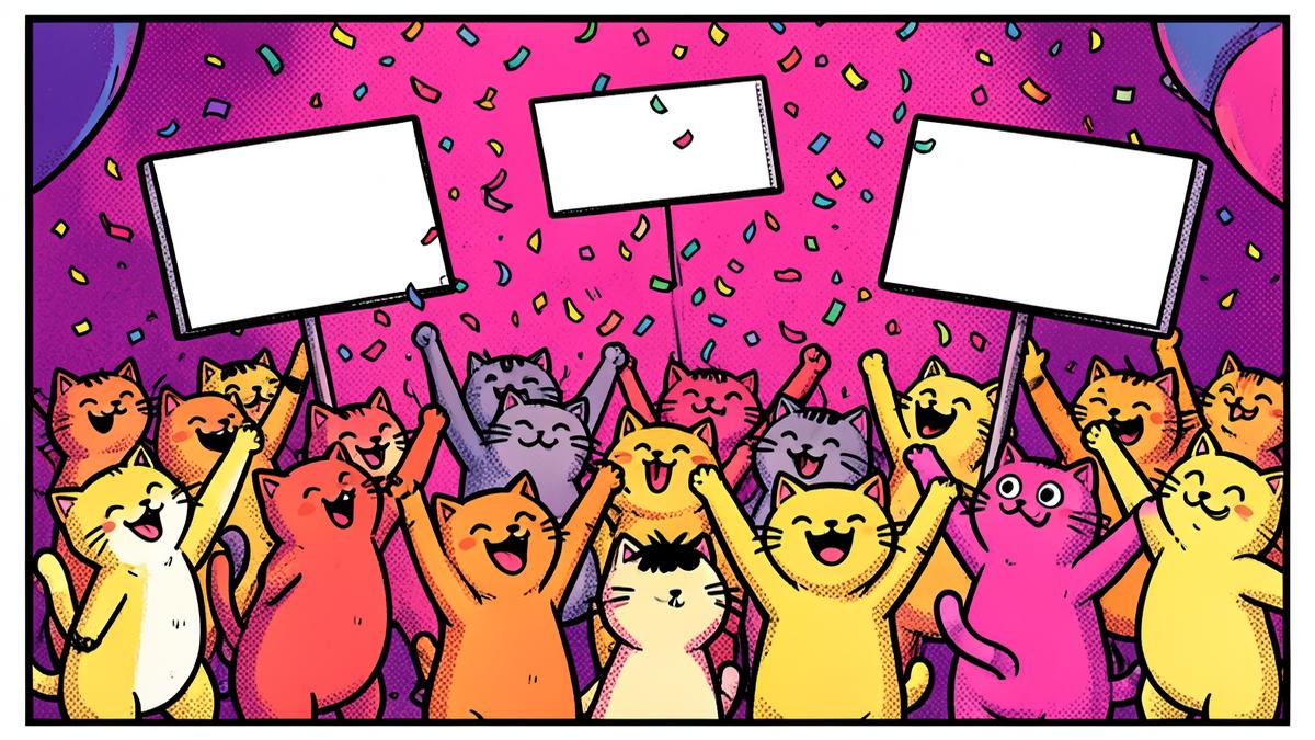 Crowd of cartoon cats celebrating with confetti