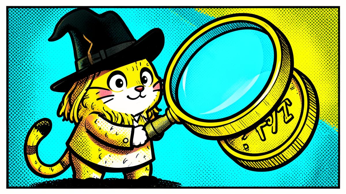 Cartoon detective cat inspecting a coin with a magnifying glass