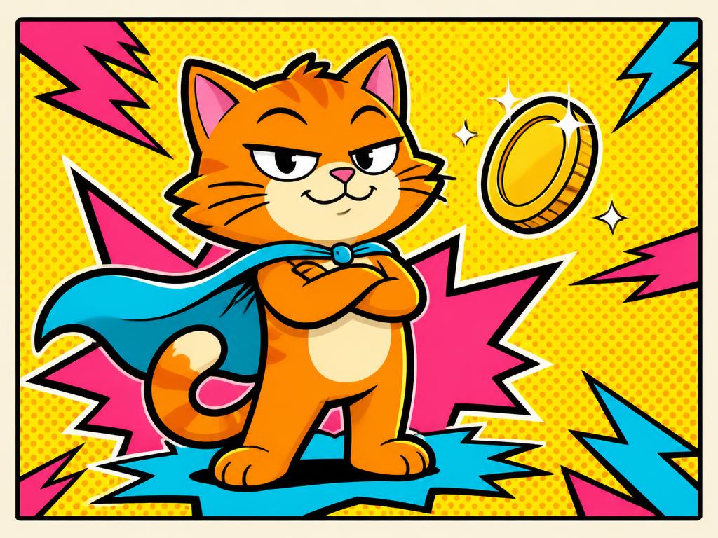 Hubcat, a smug orange cartoon cat in a cyan cape, standing with a gold coin
