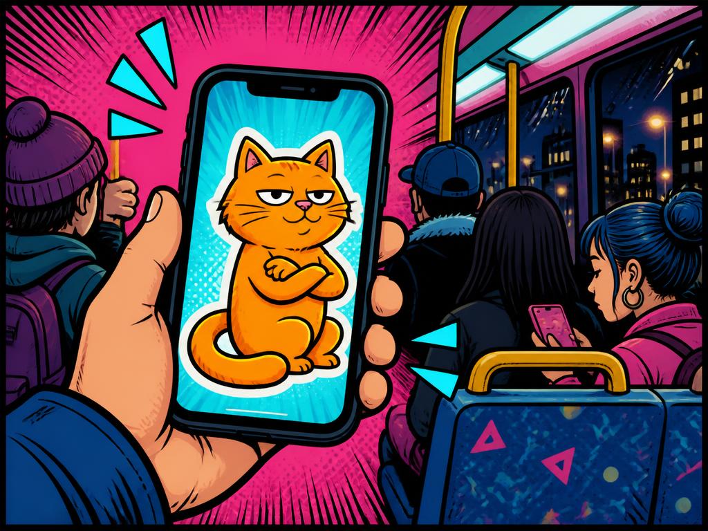 A hand holding a phone on a night bus showing the first doodle of the cartoon cat