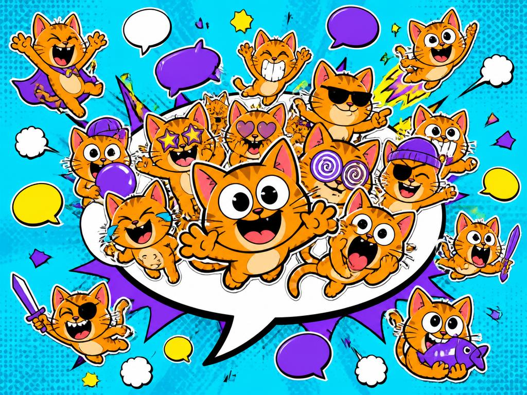 Dozens of remixed versions of the cartoon cat bursting out of chat bubbles