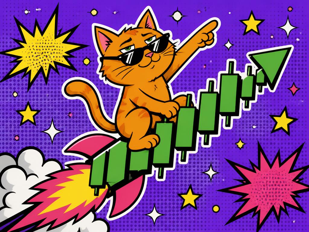 The cartoon cat riding a rocket built from green candlestick charts