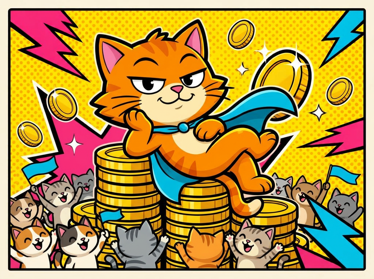 The cartoon cat lounging on a throne of gold coins while small cats cheer