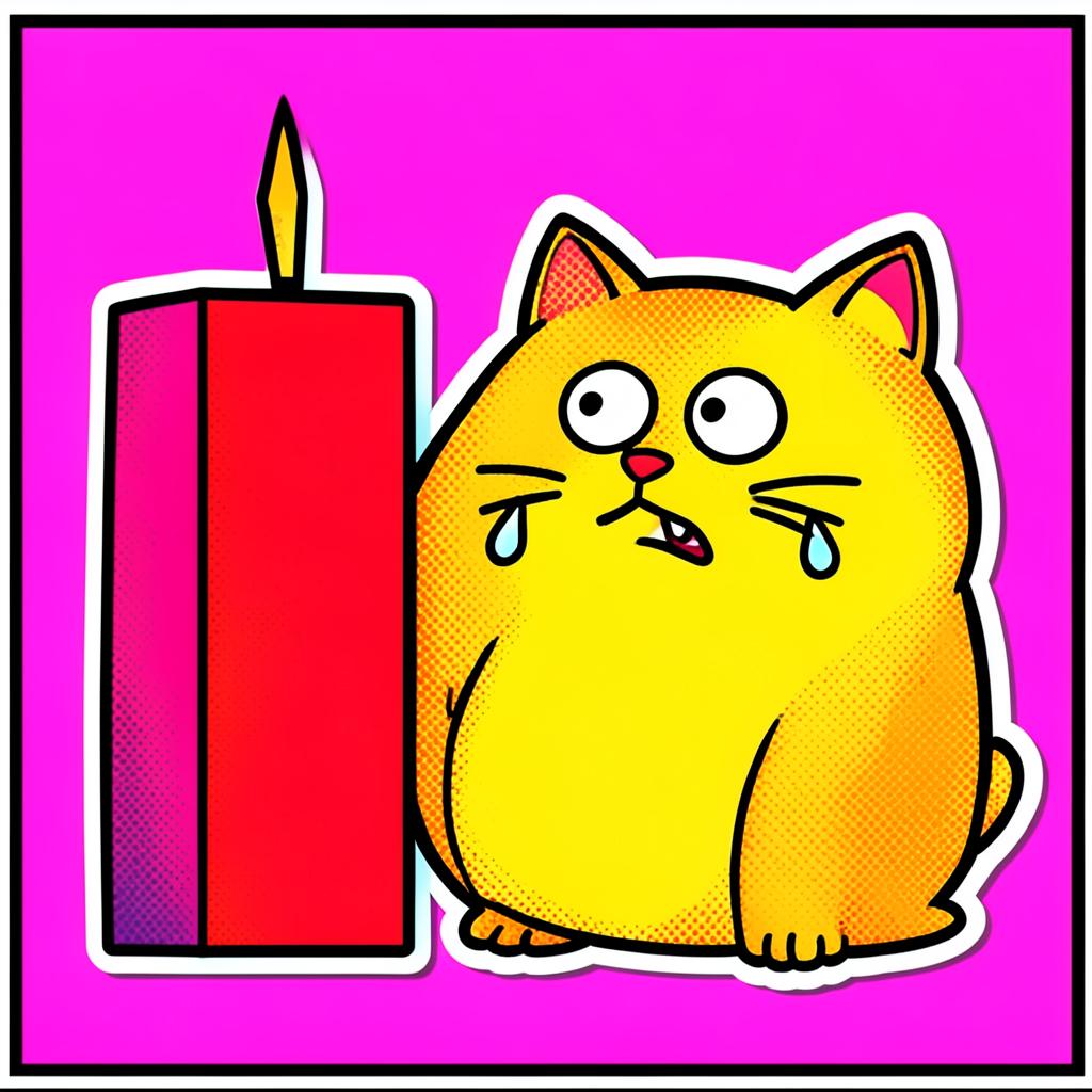 Cartoon yellow cat with nervous eyes and sweat drops next to a giant red candle on hot pink