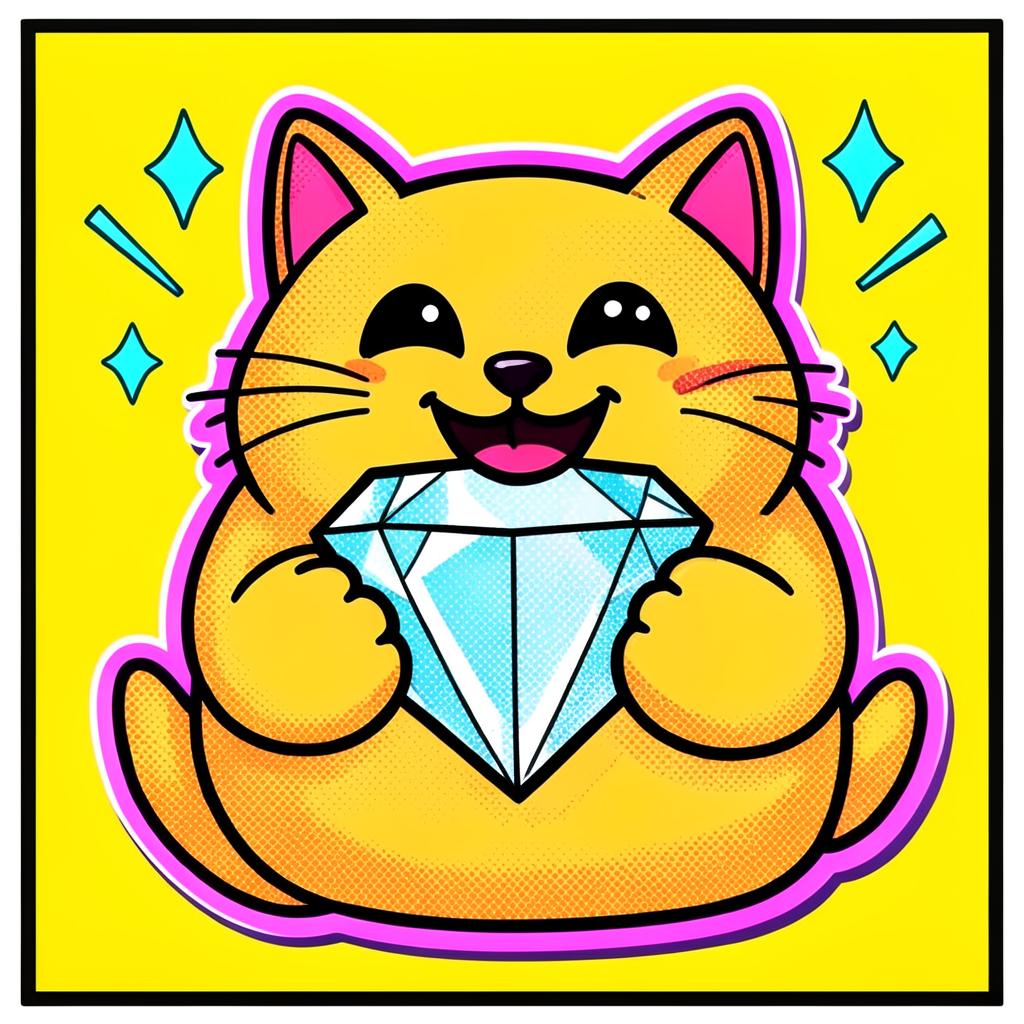 Cartoon yellow cat grinning while hugging a huge sparkling diamond on a yellow background