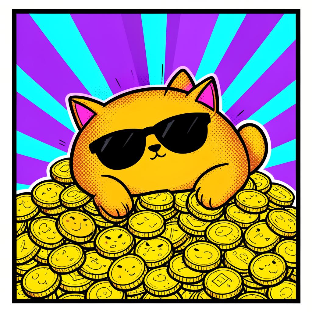 Cartoon yellow cat in sunglasses napping on a huge pile of gold coins with purple rays behind