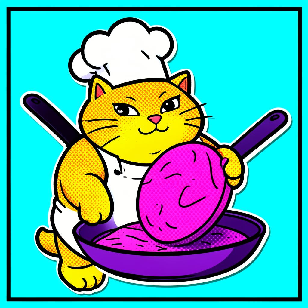 Cartoon yellow chef cat flipping a giant pink coin out of a pan on a cyan background
