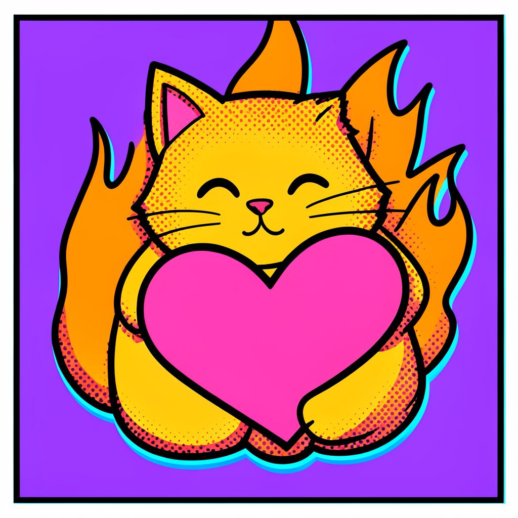 Cartoon yellow cat hugging a big pink heart with cartoon flames behind on a purple background