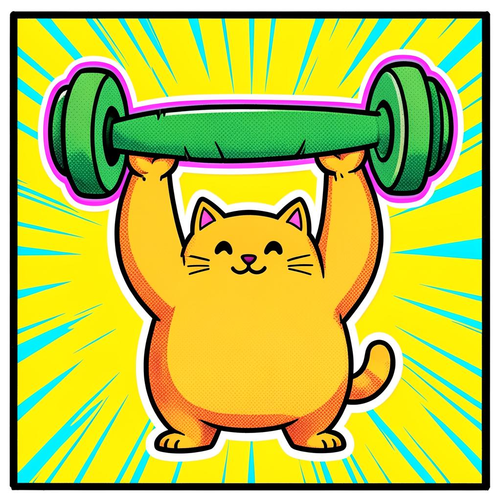 Cartoon yellow cat lifting a giant green barbell overhead on a yellow background with speed lines