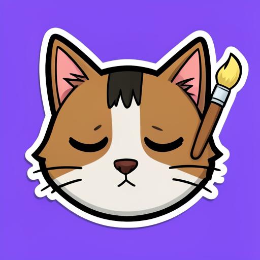 Cartoon avatar of a sleepy cat with a paintbrush behind its ear
